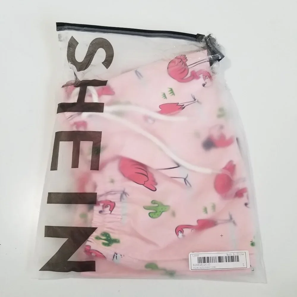 NEW SHEIN Men Flamingo Print Drawstring‎ Waist Swim Trunks SIze L Color Pink